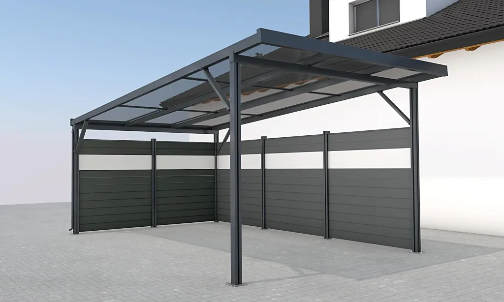 Seitenwand für Carports, anthrazit, 5,82 x 1,86 m, WPC Dielen dunkelgrau / PC Paneele klar