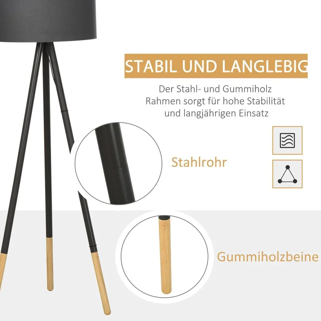 Design-Stehlampe mit Dreibein und Fußschalter Grau