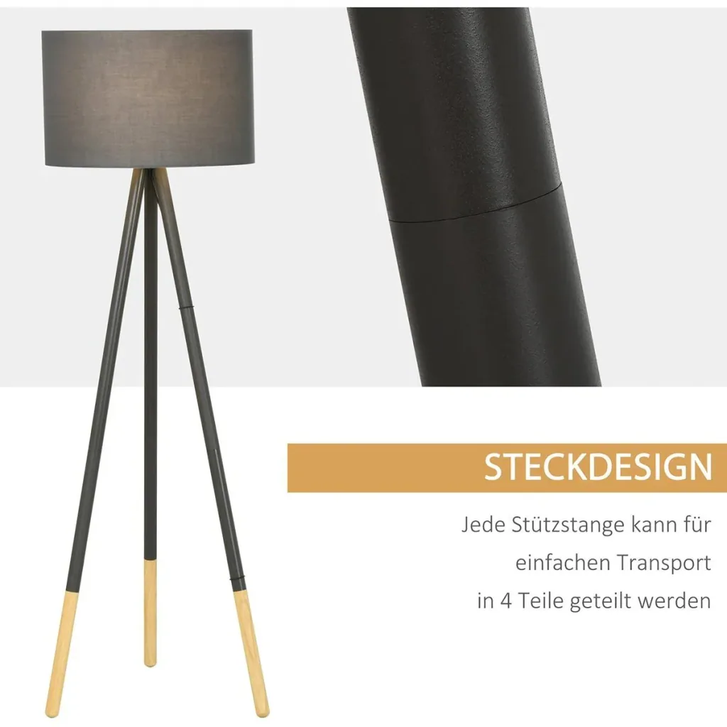 Design-Stehlampe mit Dreibein und Fußschalter Grau