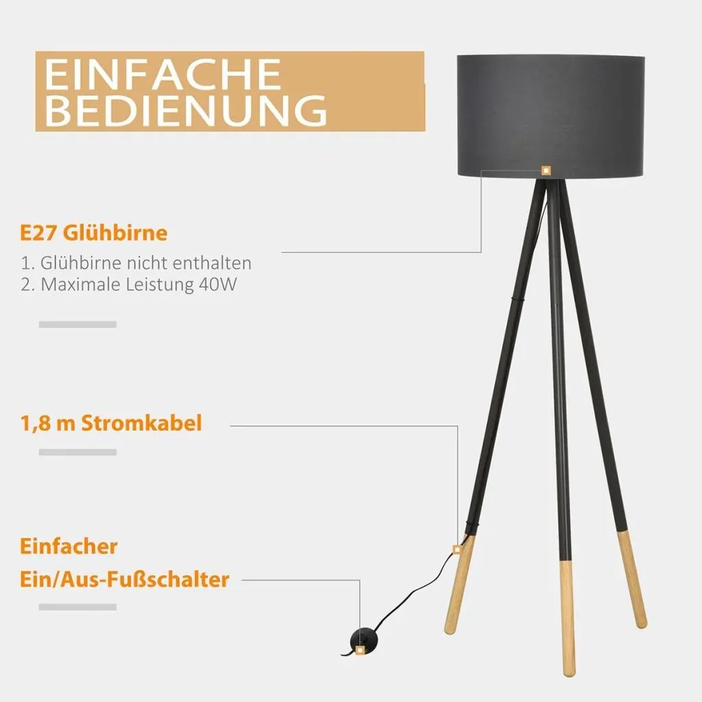 Design-Stehlampe mit Dreibein und Fußschalter Grau