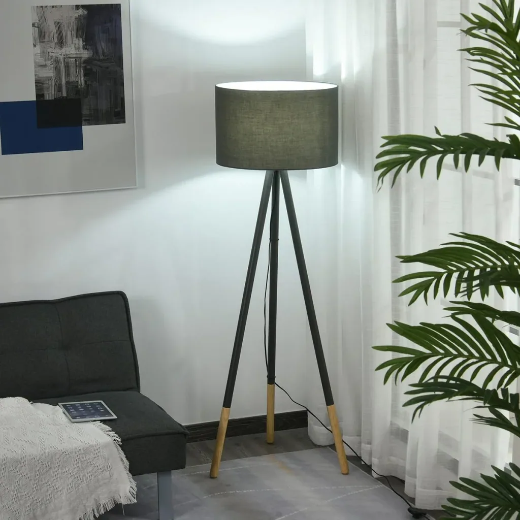 Design-Stehlampe mit Dreibein und Fußschalter Grau