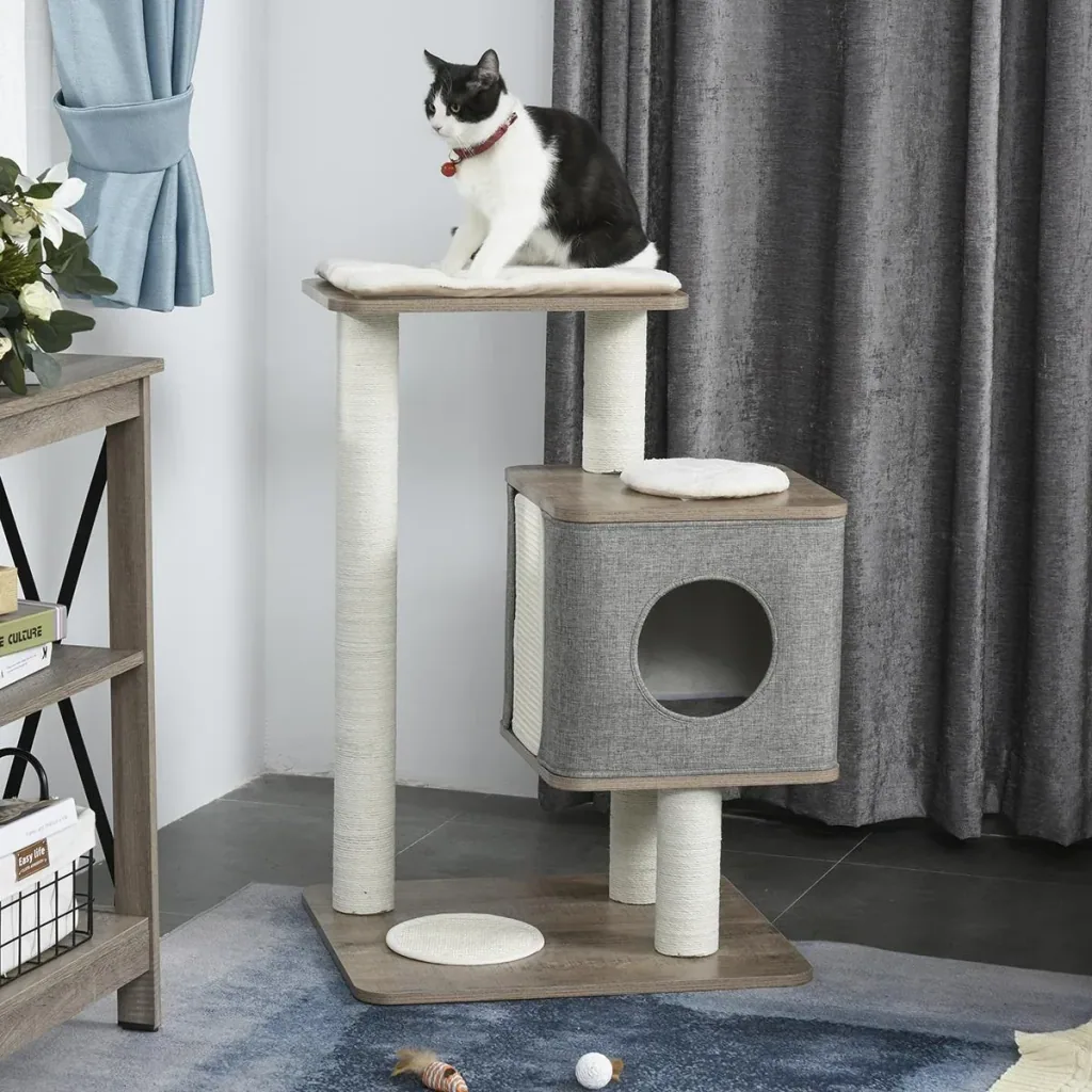 Kratzbaum mit abziehbarer Abdeckung Katzenhöhle Katzenbaum Kletterbaum für Katzen E1 MDFLeinen Jute Braun+Grau+Weiß 65 x