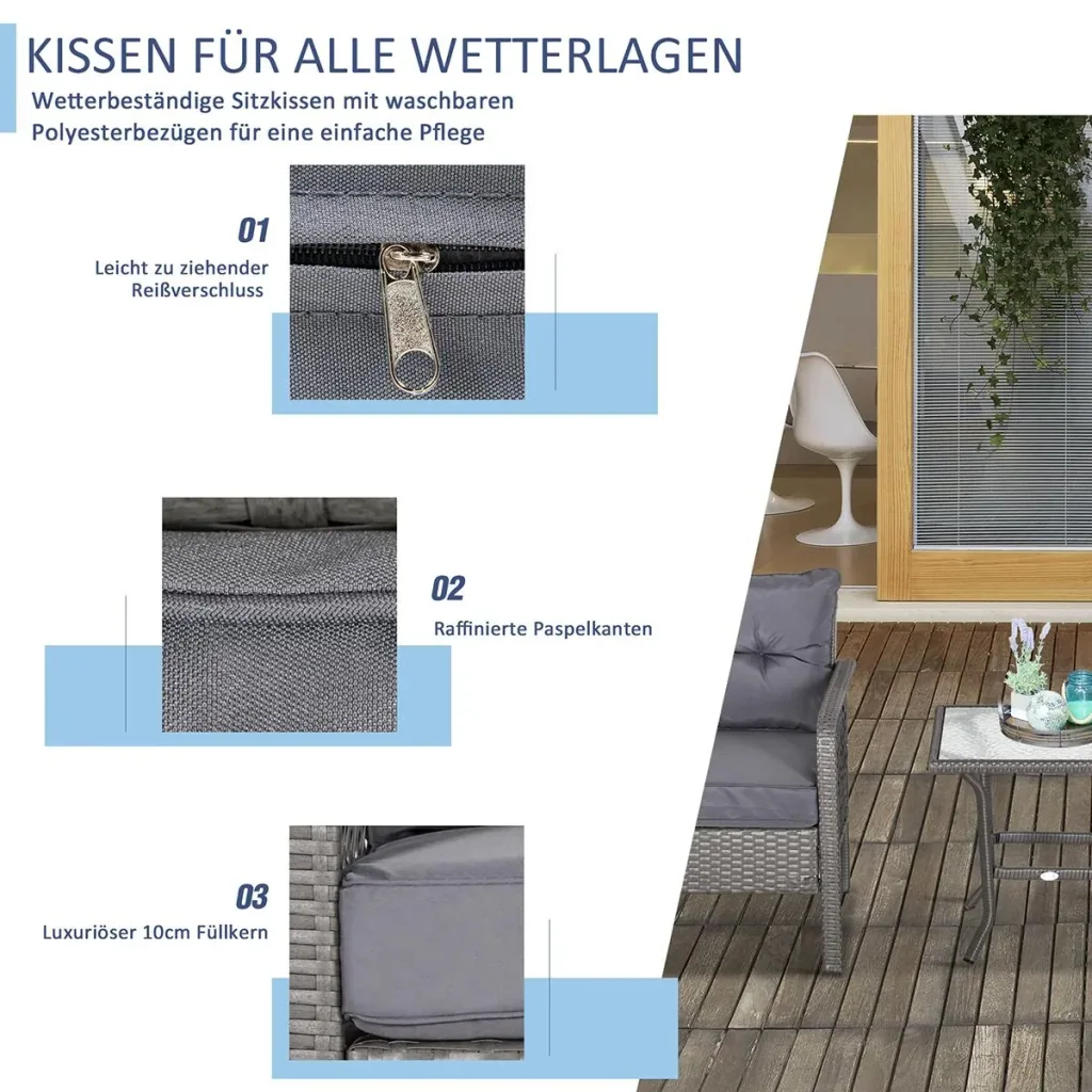 Rattan Gartenmöbel für 4 Personen 5-tlg. Outdoor-Sitzgarnitur Sofa mit Hocker Tisch Sitzgruppe Stahl Grau 65 x 66 x 75 c