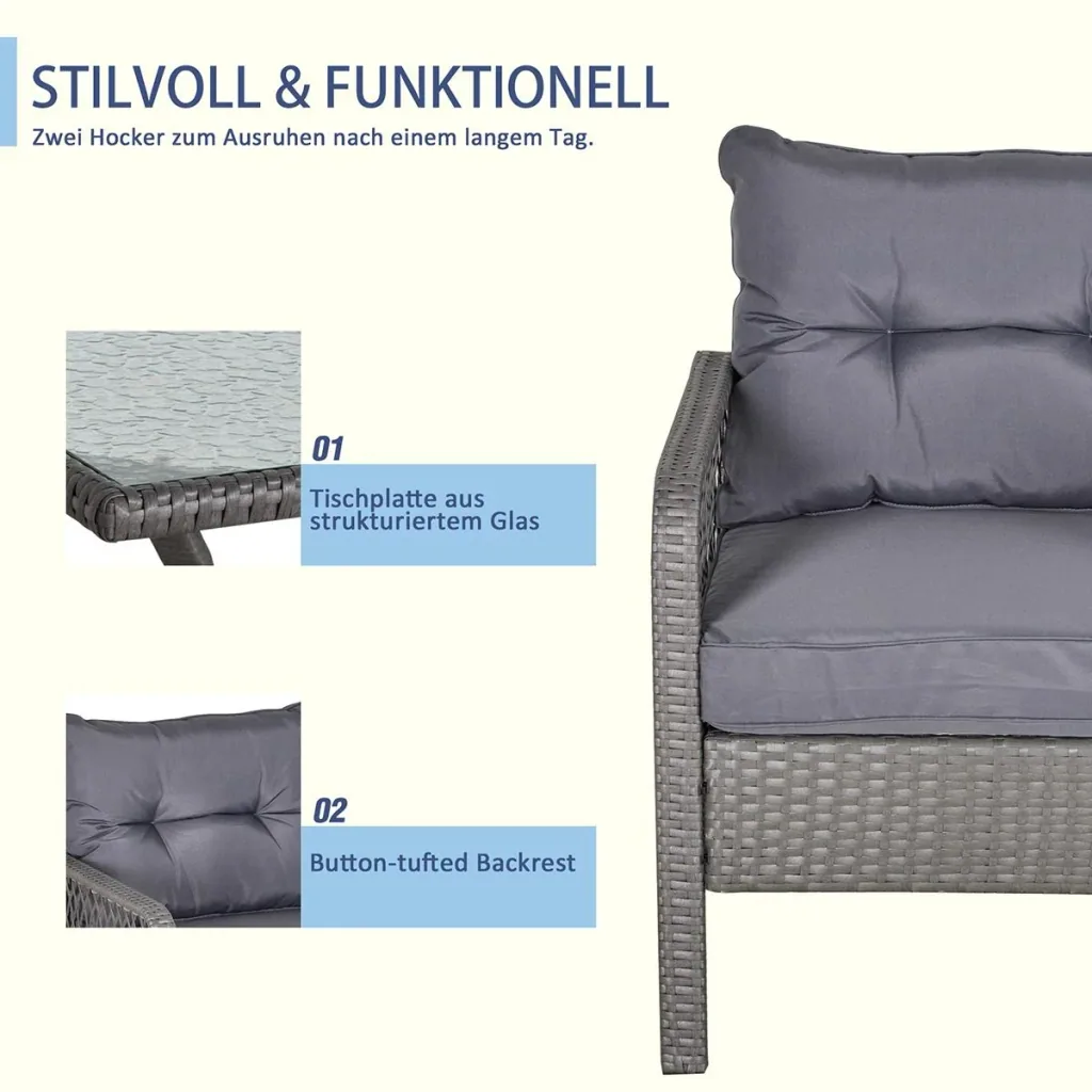 Rattan Gartenmöbel für 4 Personen 5-tlg. Outdoor-Sitzgarnitur Sofa mit Hocker Tisch Sitzgruppe Stahl Grau 65 x 66 x 75 c