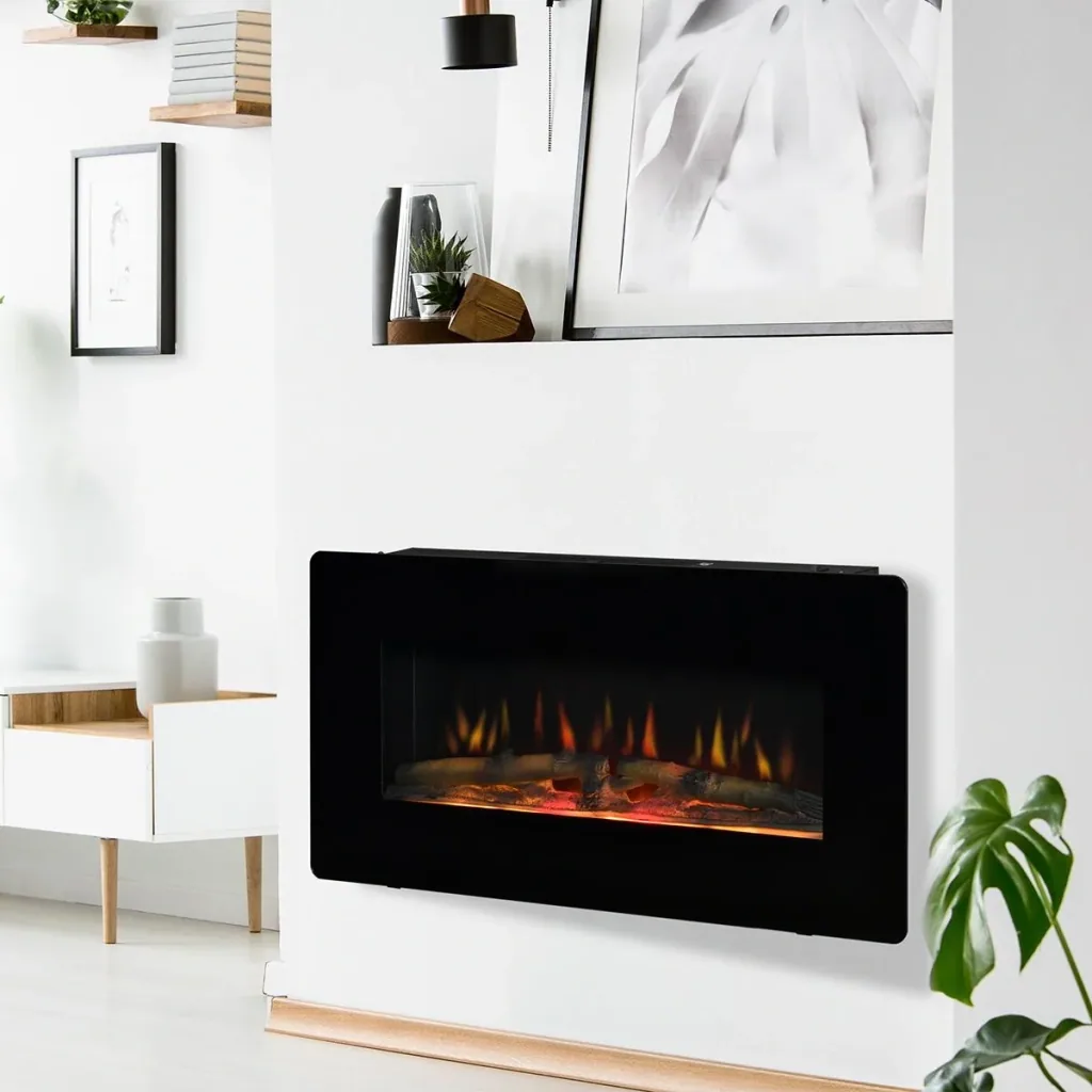 Elektrokamin Standkamin Kaminofen mit Flammeneffekt 1800/2000W Metall gehärtetes Glas Schwarz 91,4 x 11 x 44 cm