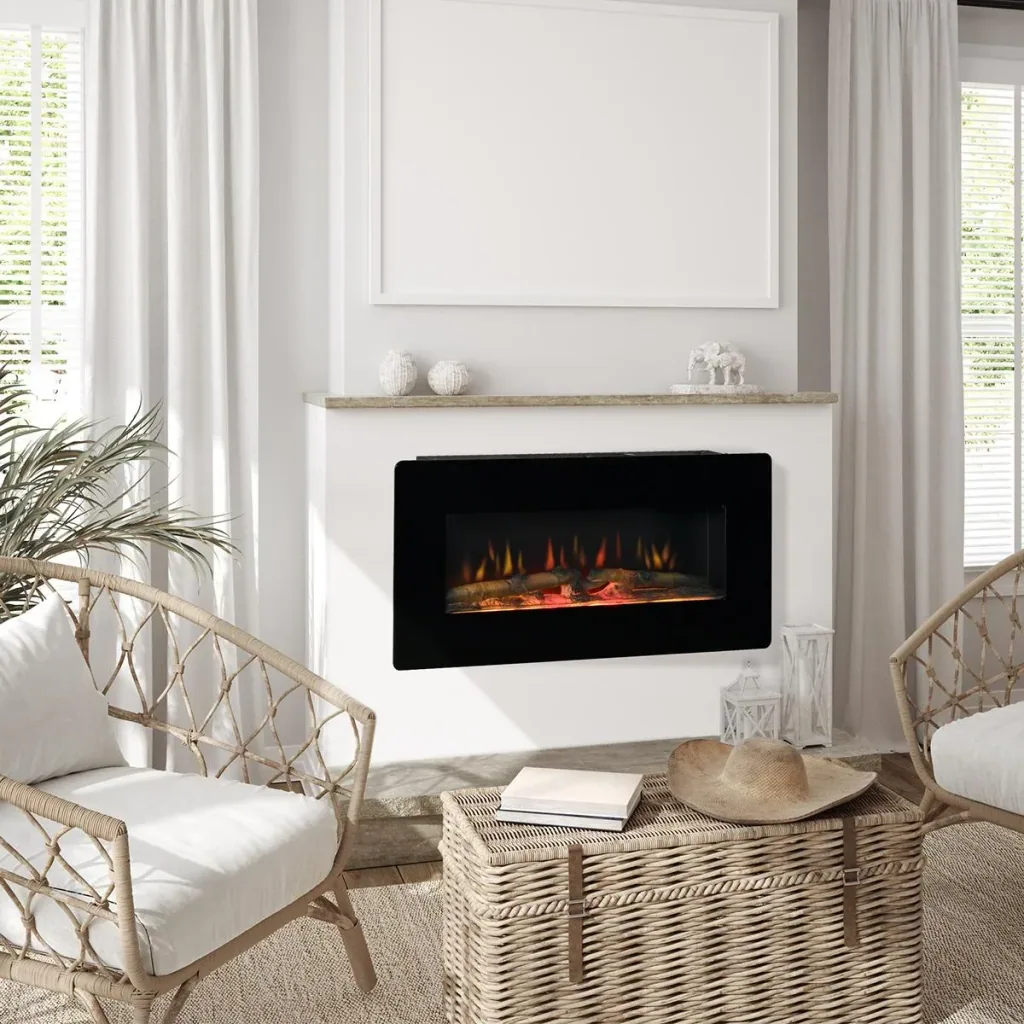 Elektrokamin Standkamin Kaminofen mit Flammeneffekt 1800/2000W Metall gehärtetes Glas Schwarz 91,4 x 11 x 44 cm