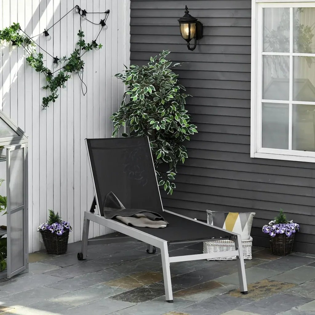Sonnenliege, Gartenliege, 5-stufige Rückenlehne, Aluminium, Schwarz, 169 x 65 x 102 cm