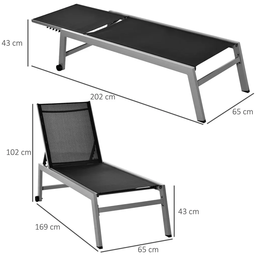 Sonnenliege, Gartenliege, 5-stufige Rückenlehne, Aluminium, Schwarz, 169 x 65 x 102 cm