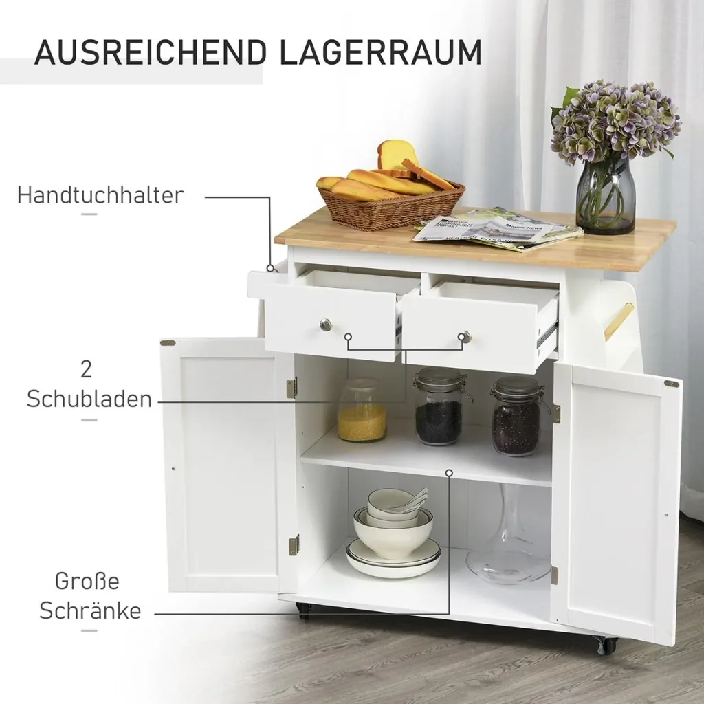 Küchenwagen mit Rollen, Servierwagen mit Gewürzregal, Küchenhilfe, P2 MDF, Gummiholz, Weiß+Natur, 89 x 45 x 89,5 cm