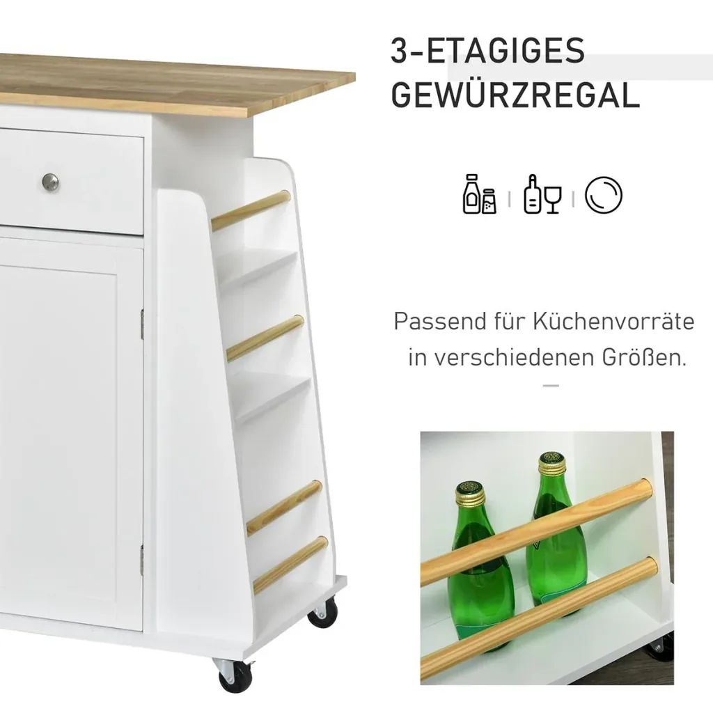 Küchenwagen mit Rollen, Servierwagen mit Gewürzregal, Küchenhilfe, P2 MDF, Gummiholz, Weiß+Natur, 89 x 45 x 89,5 cm