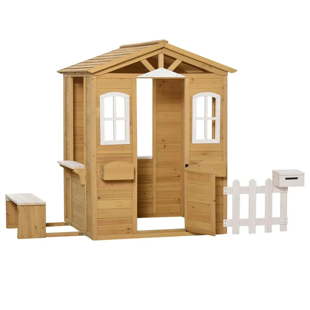 Kinderspielhaus mit Fenster Briefkasten Outdoor Gartenspielhaus mit Blumentopfrack Zaun Bank Holzspielhaus Tannenholz Na