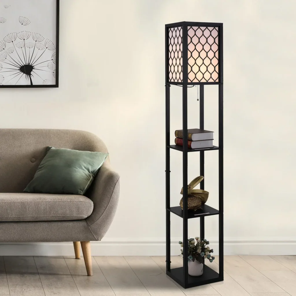 Stehleuchte Stehlampe mit Regalen Innenbeleuchte E27 bis 40W Holz Schwarz 26 x 26 x 160 cm
