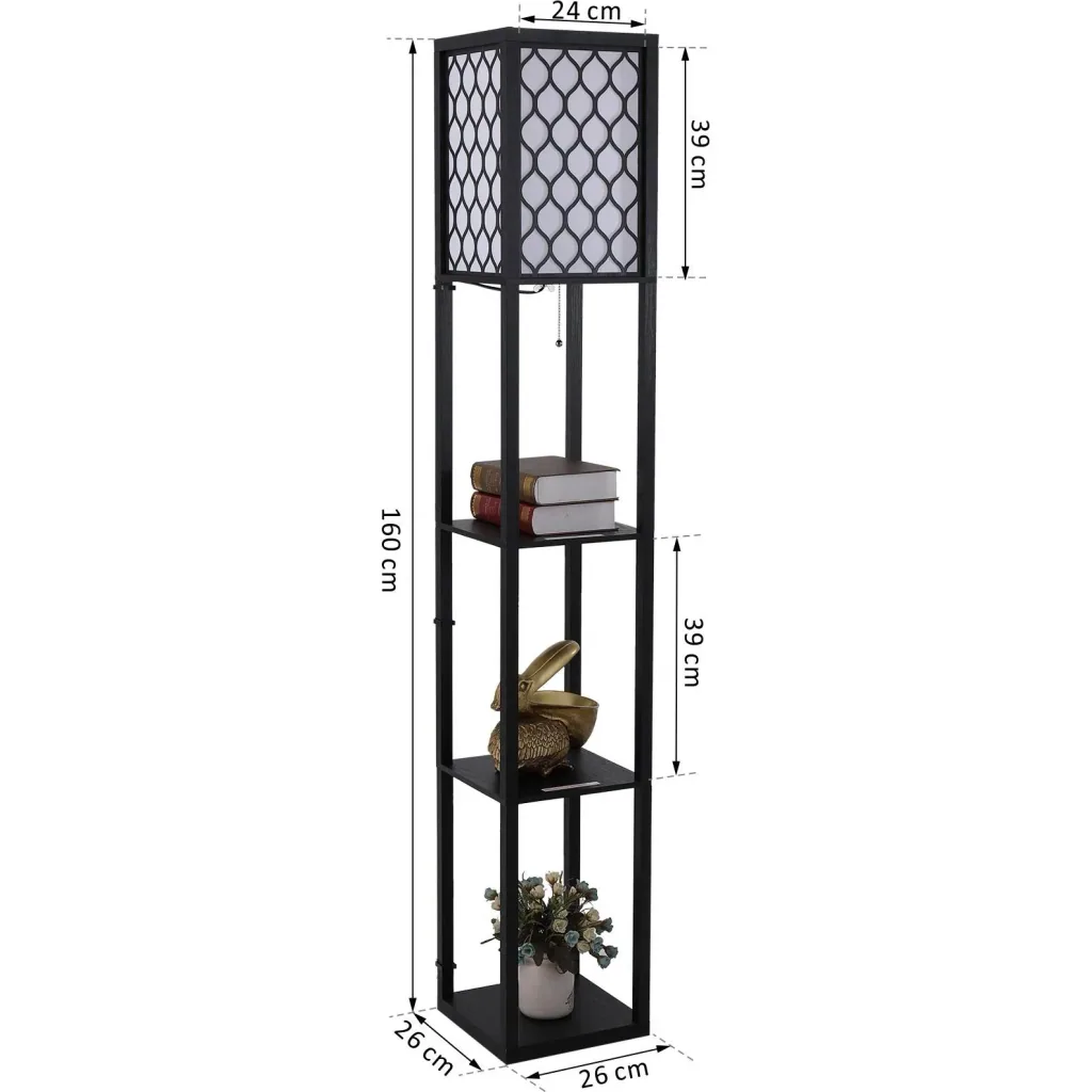 Stehleuchte Stehlampe mit Regalen Innenbeleuchte E27 bis 40W Holz Schwarz 26 x 26 x 160 cm