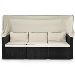 Polyrattan Sofa - Schwarz-Creme - 210x70x70cm - Mit Sonnendach