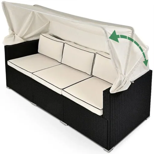 Polyrattan Sofa - Schwarz-Creme - 210x70x70cm - Mit Sonnendach
