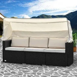 Polyrattan Sofa - Schwarz-Creme - 210x70x70cm - Mit Sonnendach