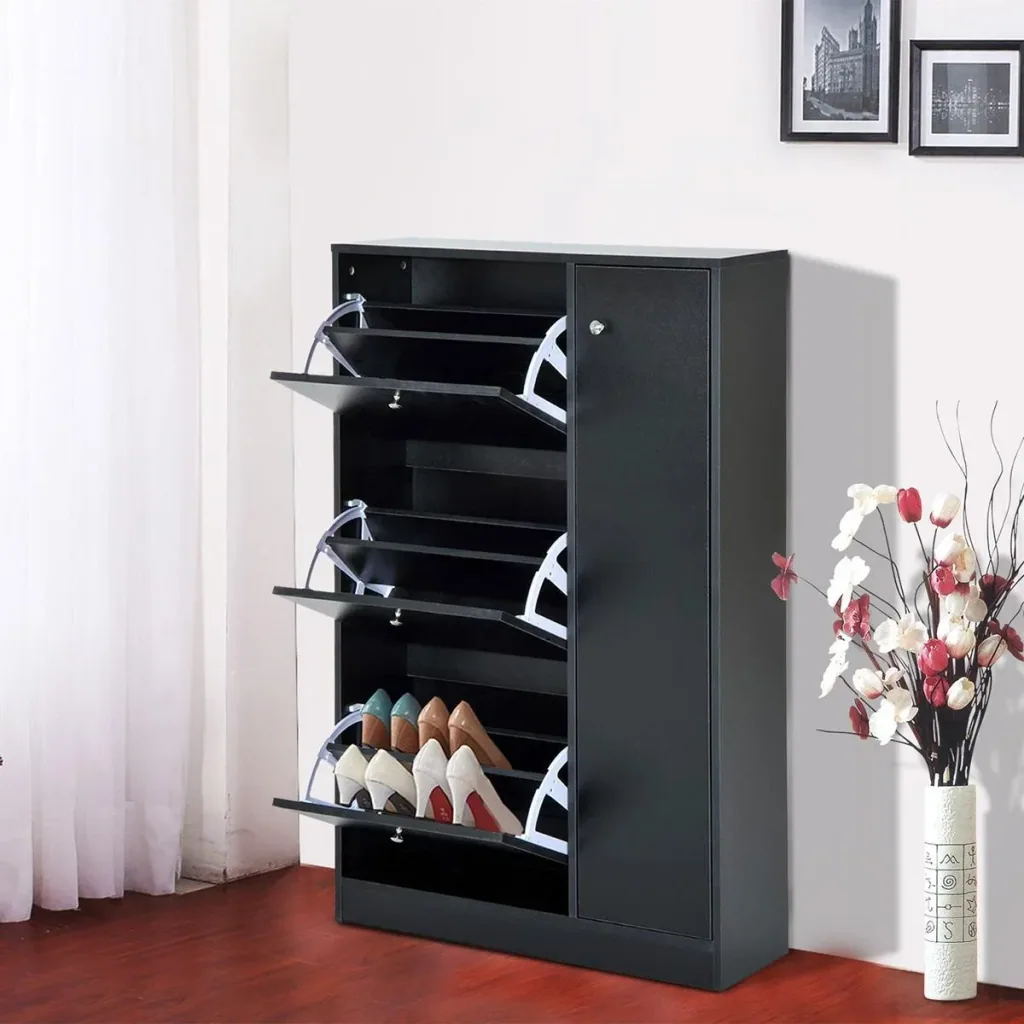 Schuhschrank Schuhkipper Schuhständer Schuhregal mit 3 Klappe und Anti-Rückwärts-Zugbügel 22-28 Paar 80x24x120cm Schwarz
