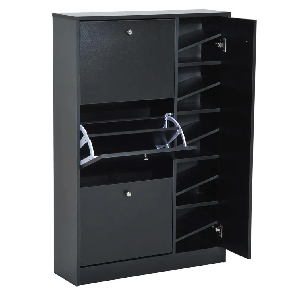 Schuhschrank Schuhkipper Schuhständer Schuhregal mit 3 Klappe und Anti-Rückwärts-Zugbügel 22-28 Paar 80x24x120cm Schwarz