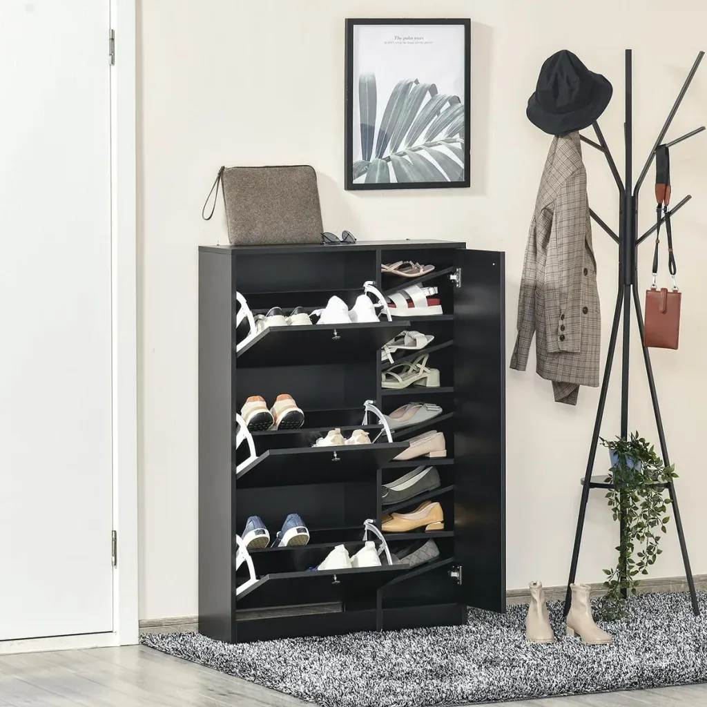 Schuhschrank Schuhkipper Schuhständer Schuhregal mit 3 Klappe und Anti-Rückwärts-Zugbügel 22-28 Paar 80x24x120cm Schwarz