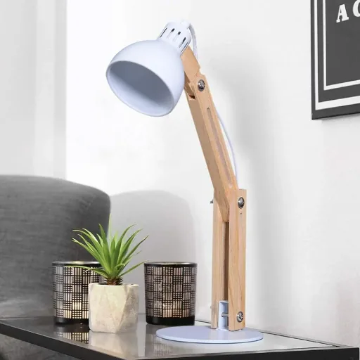 Tischleuchte Schreibtischlampe verstellbar Leselampe Büro Metall + Holz weiß 26 x 15 x 41 cm