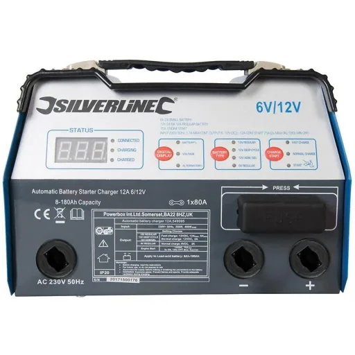 Automatischer Batteriestarter/Ladegerät, 12 A, 6/12 V 8 - 180 Ah EU-Kapazität