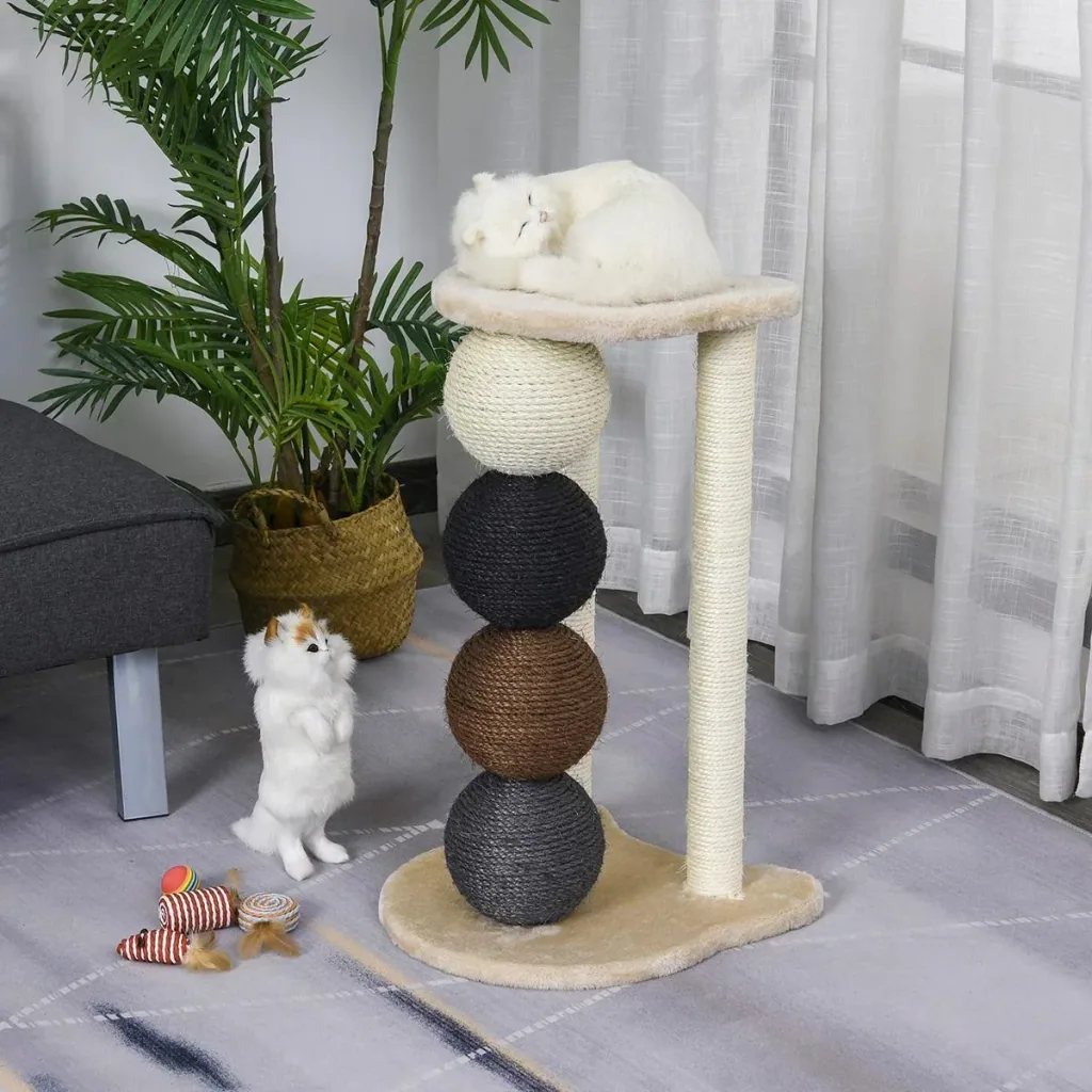 Kratzbaum mit Plattform, Kratzbaum mit 2 Sisalpfosten und 4 Sisalbällen, E1 Spanplatte 38 x 38 x 64 cm
