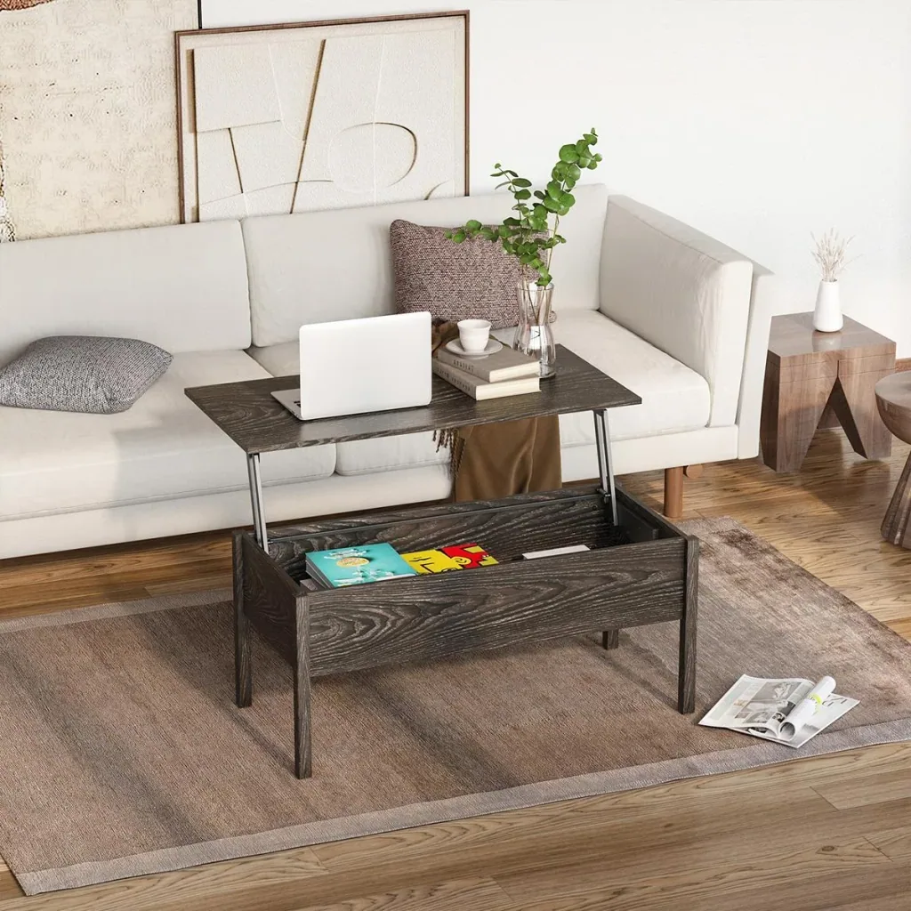 Couchtisch mit höhenverstellbarer Platte mit Lagerung anhebbare Tischplatte Braun 98 x 48 x 45 cm