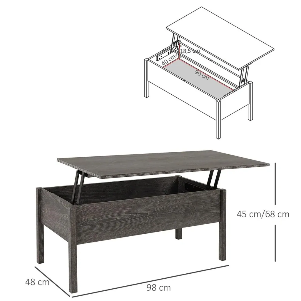 Couchtisch mit höhenverstellbarer Platte mit Lagerung anhebbare Tischplatte Braun 98 x 48 x 45 cm