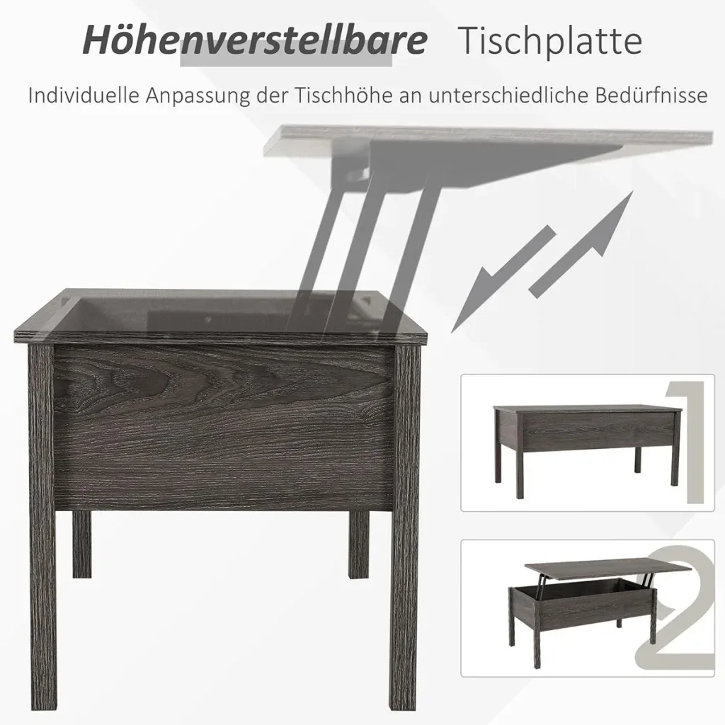 Couchtisch mit höhenverstellbarer Platte mit Lagerung anhebbare Tischplatte Braun 98 x 48 x 45 cm