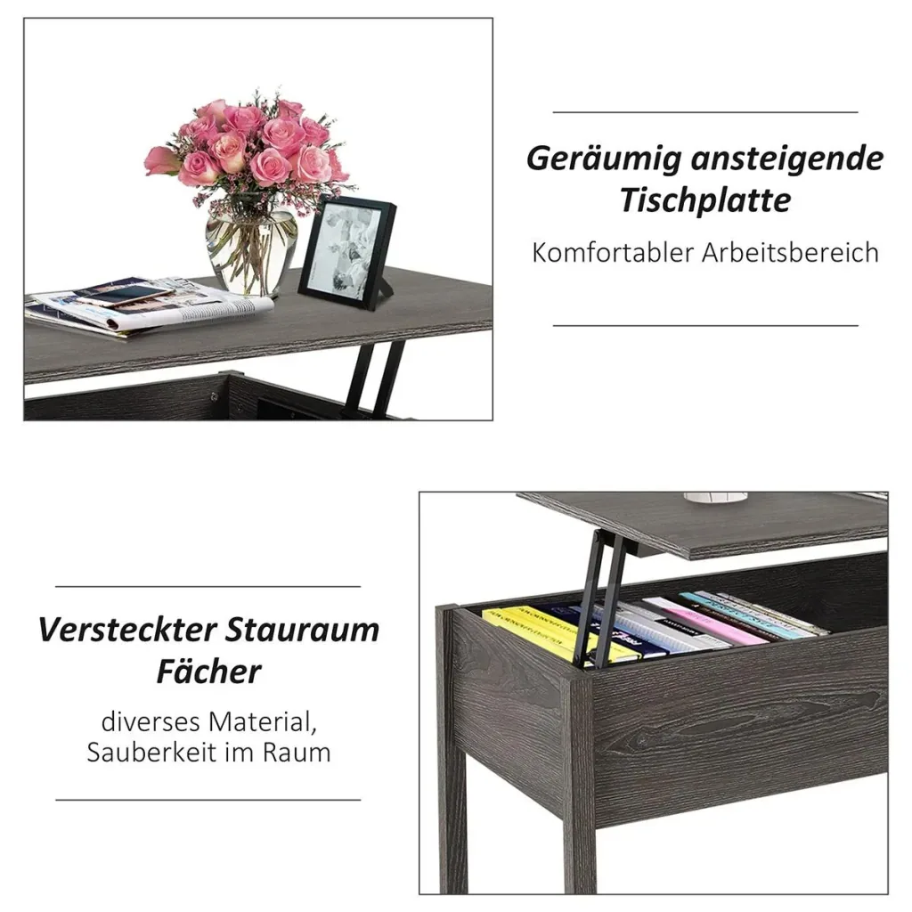 Couchtisch mit höhenverstellbarer Platte mit Lagerung anhebbare Tischplatte Braun 98 x 48 x 45 cm