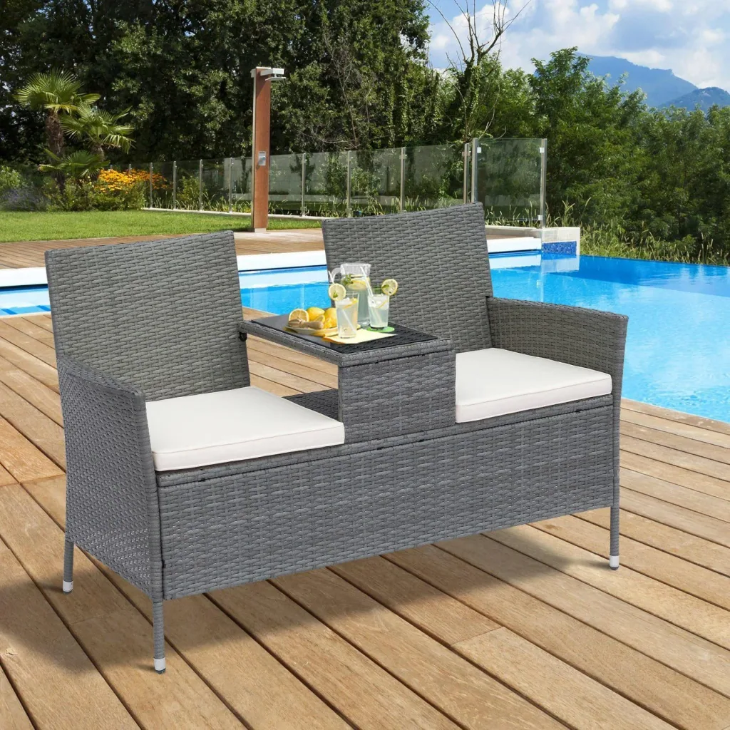 Polyrattan Gartenbank Gartensofa mit Tisch 2-Sitzer Stahl