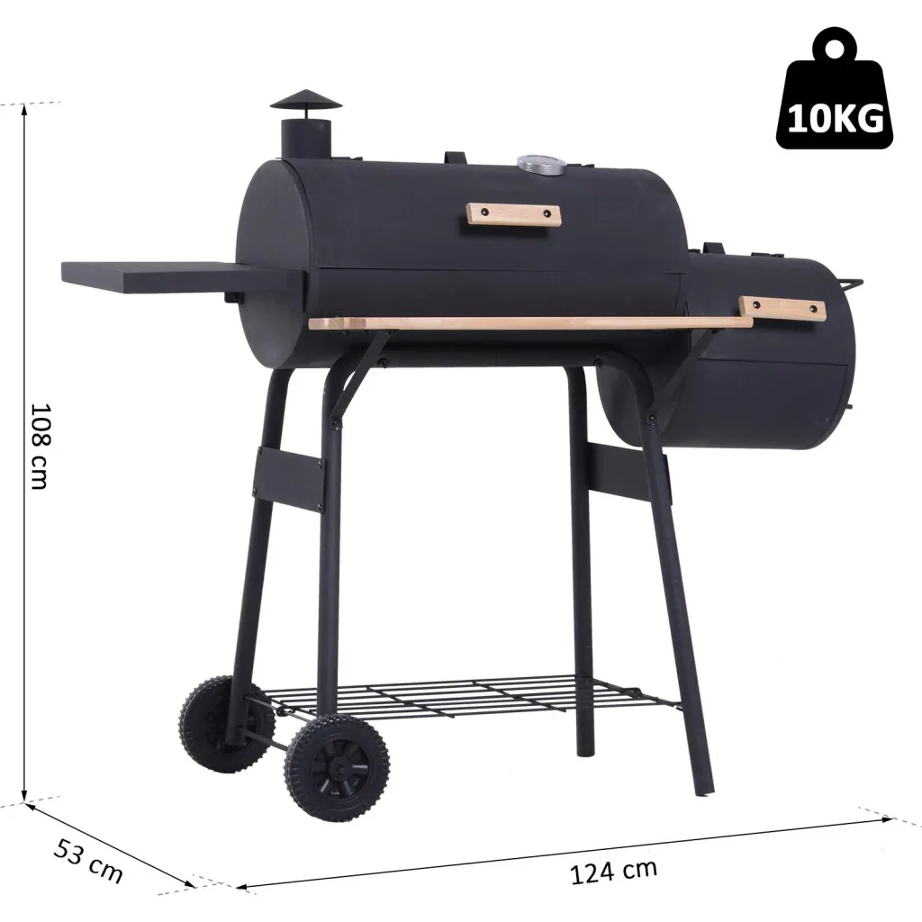 Smoker Grill BBQ Holzkohlengrill Grillwagen mit 2 x Brennkammer Schornstein Schwarz 124 x 53 x 108 cm