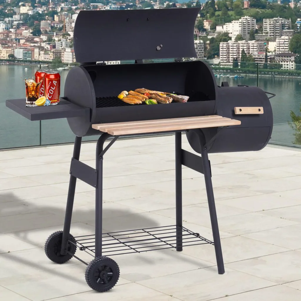 Smoker Grill BBQ Holzkohlengrill Grillwagen mit 2 x Brennkammer Schornstein Schwarz 124 x 53 x 108 cm