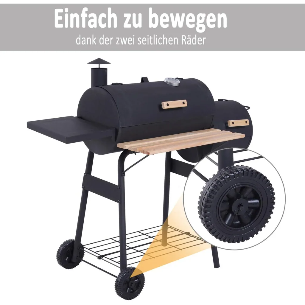 Smoker Grill BBQ Holzkohlengrill Grillwagen mit 2 x Brennkammer Schornstein Schwarz 124 x 53 x 108 cm