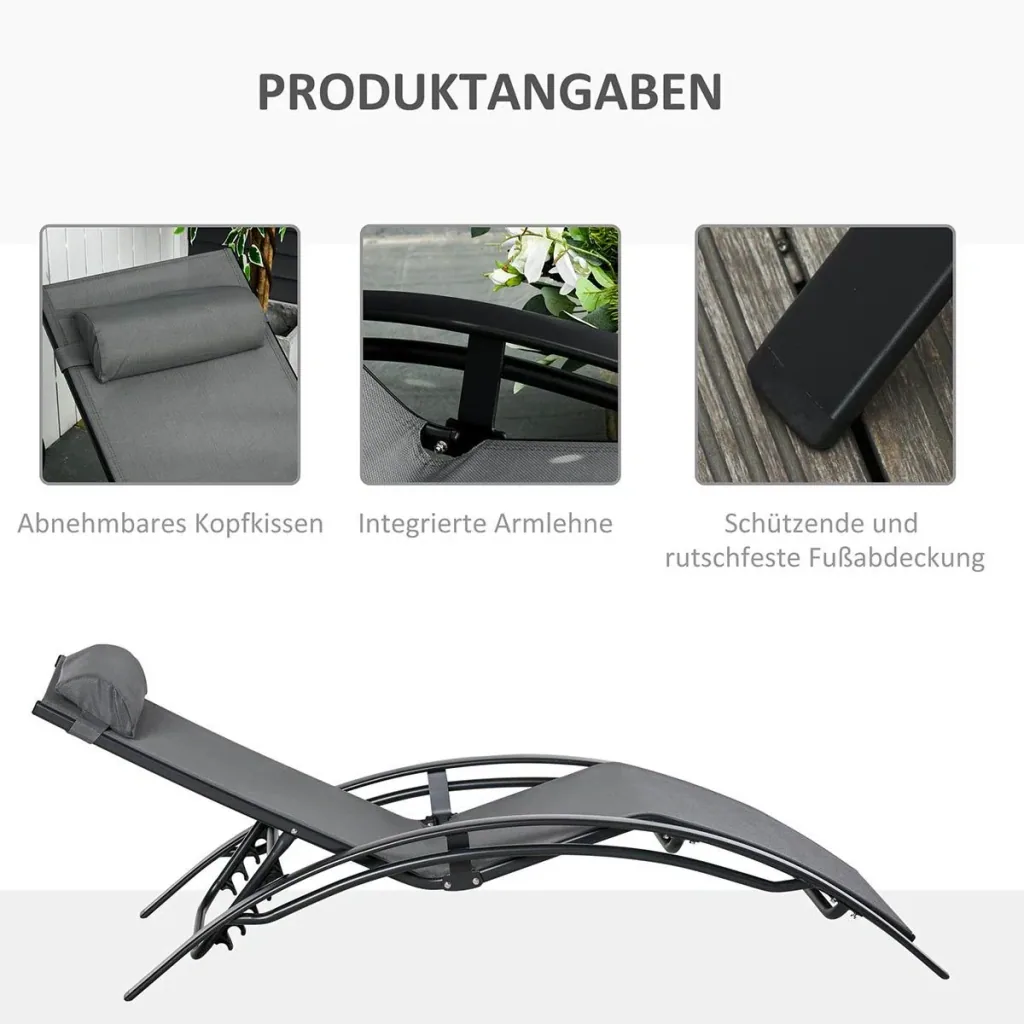 Sonnenliege Gartenliege Gartenstuhl Relaxsessel Liegestuhl Alu verstellbar Grau 171 x 64 x 82 cm