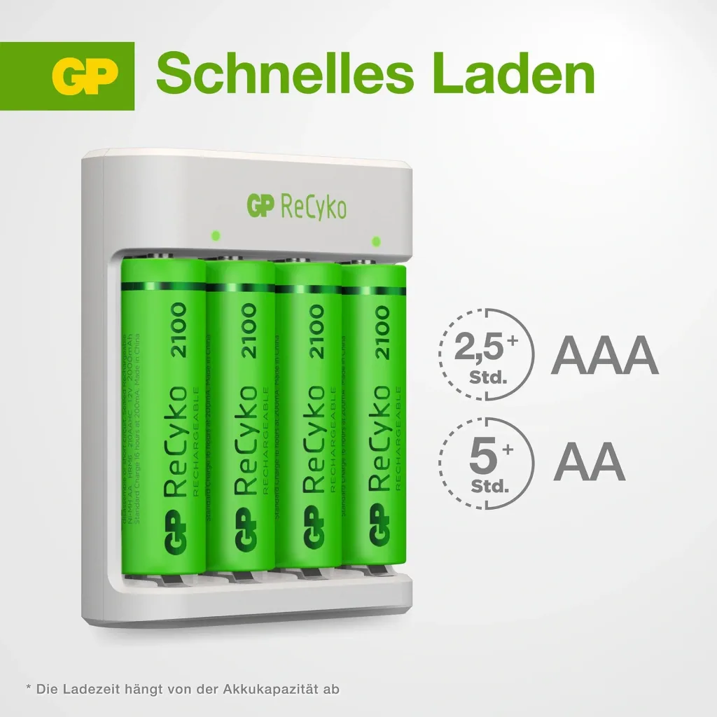 USB Ladegerät für 4 AA / AAA NiMH Akkus inklusive 4 Stück ReCyko Mignon (AA) NiMH Akkus mit 2100 mAh