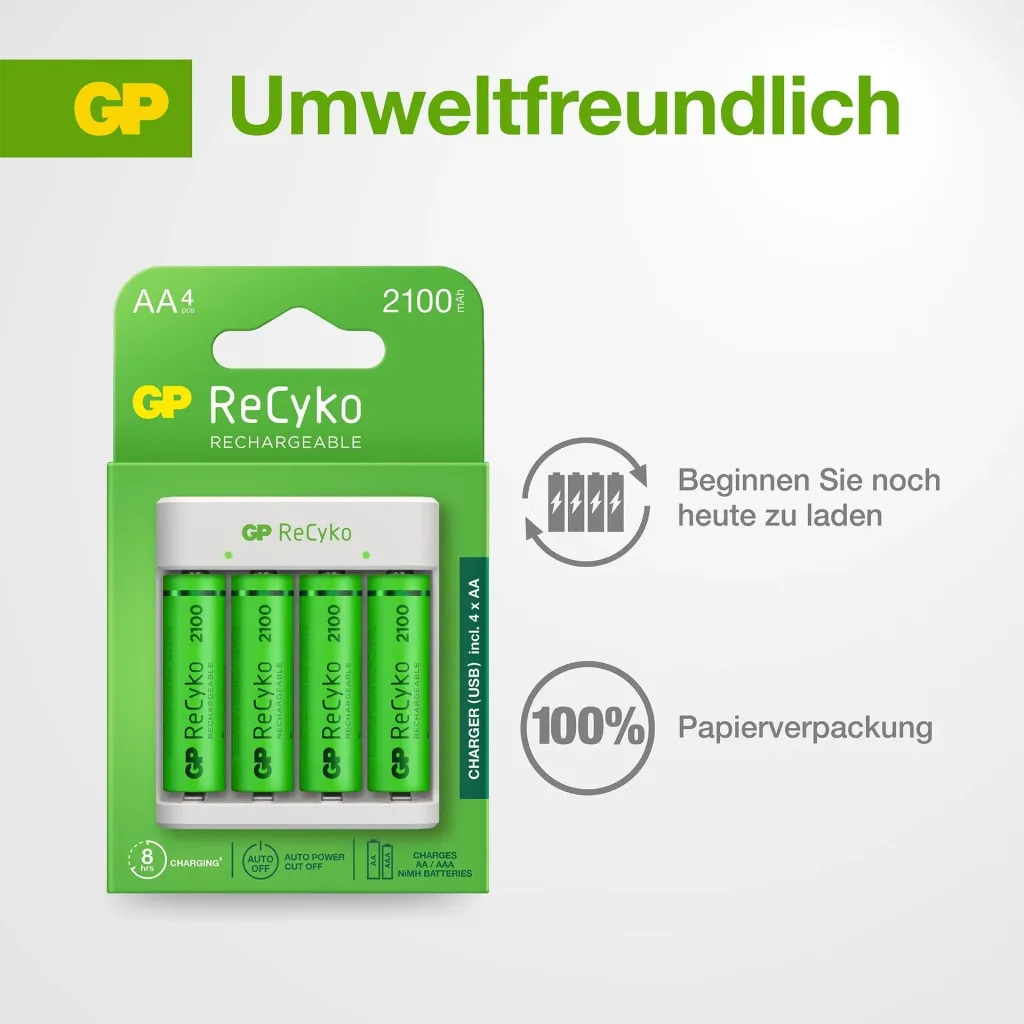 USB Ladegerät für 4 AA / AAA NiMH Akkus inklusive 4 Stück ReCyko Mignon (AA) NiMH Akkus mit 2100 mAh
