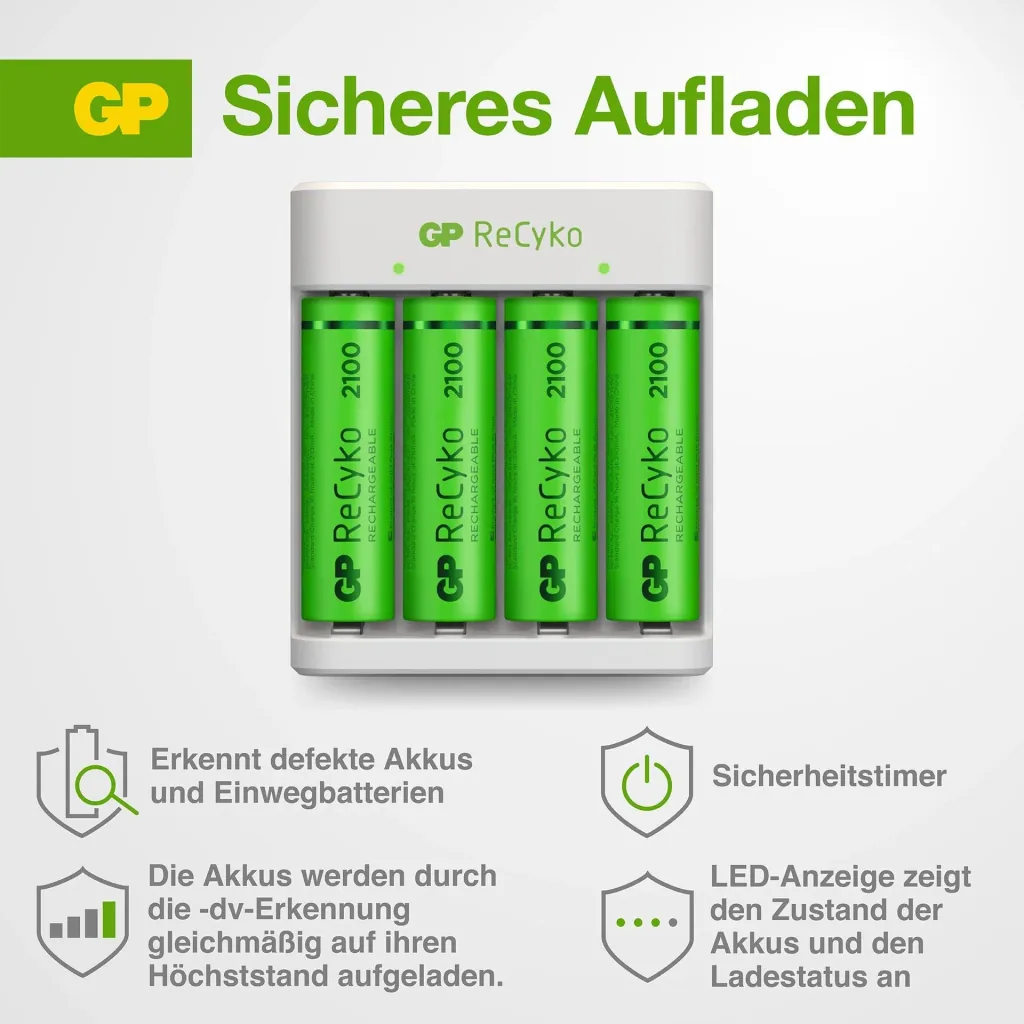 USB Ladegerät für 4 AA / AAA NiMH Akkus inklusive 4 Stück ReCyko Mignon (AA) NiMH Akkus mit 2100 mAh