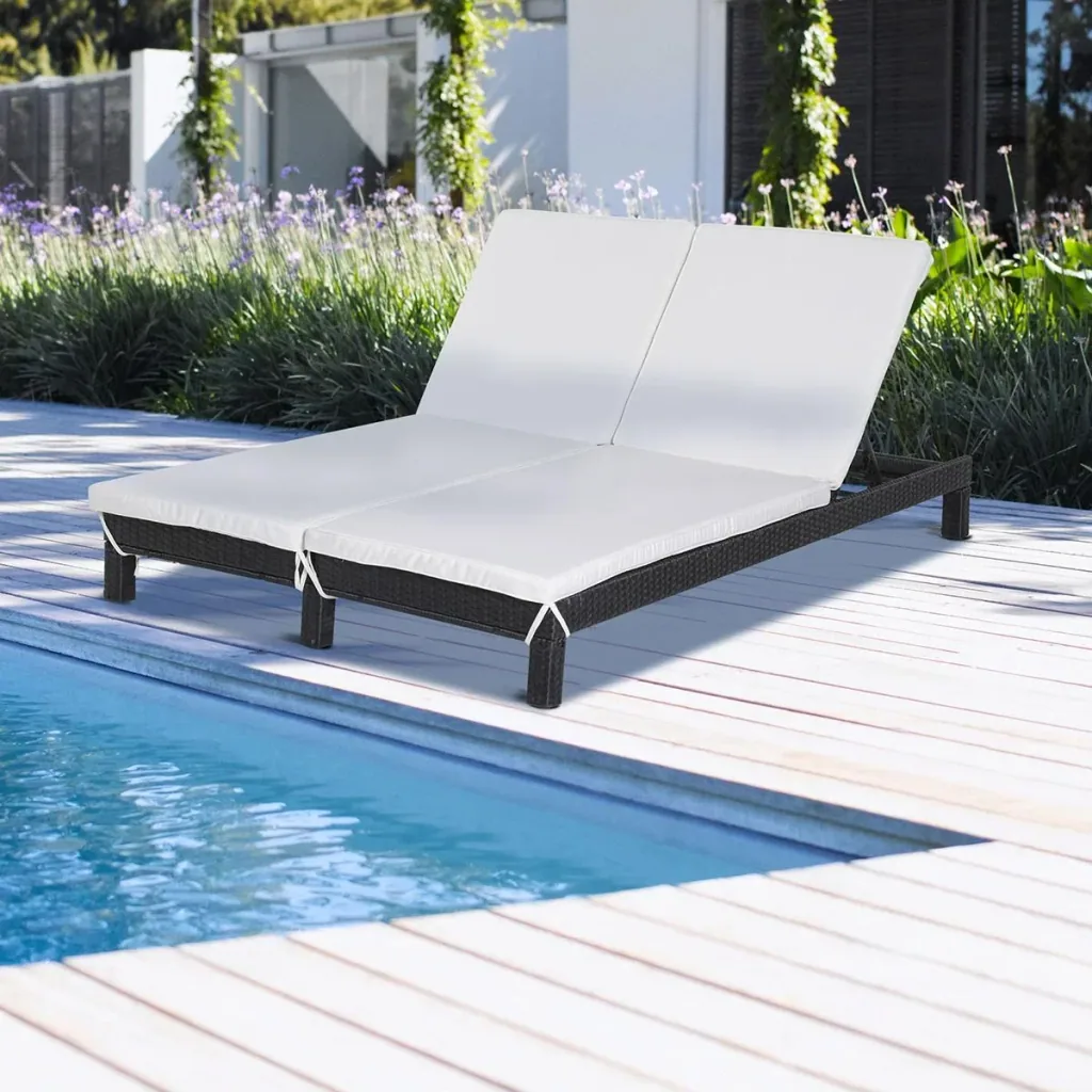 Gartenliege, Doppelliege, Relaxliege für 2 Personen, Luxus Lounge, 5-stufige Rückenlehne, Metall, PE Rattan, Creme, 195