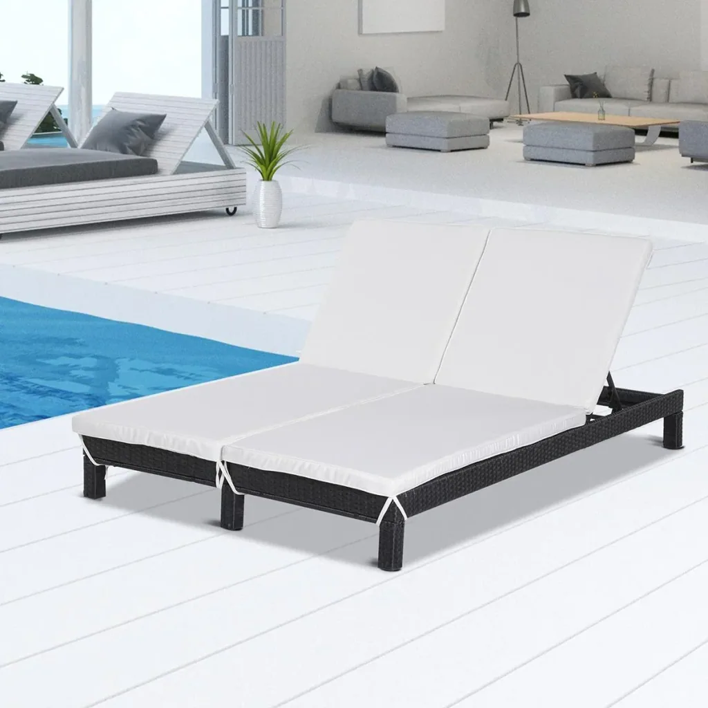 Gartenliege, Doppelliege, Relaxliege für 2 Personen, Luxus Lounge, 5-stufige Rückenlehne, Metall, PE Rattan, Creme, 195