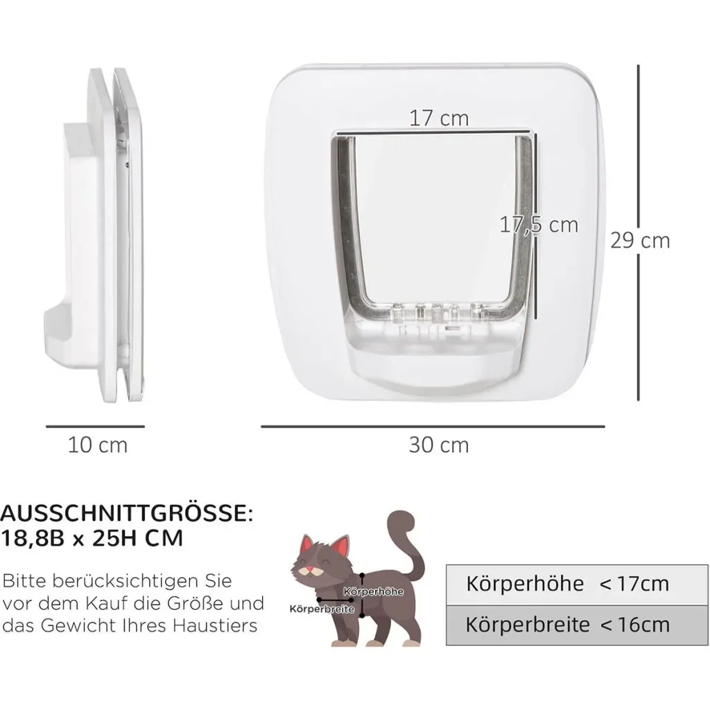 Katzenklappe Hundeklappe 4 Verschluss-Optionen mit Magnet Haustierklappe für Innentür Klappe für Haustiere bis 9 kg 30 x