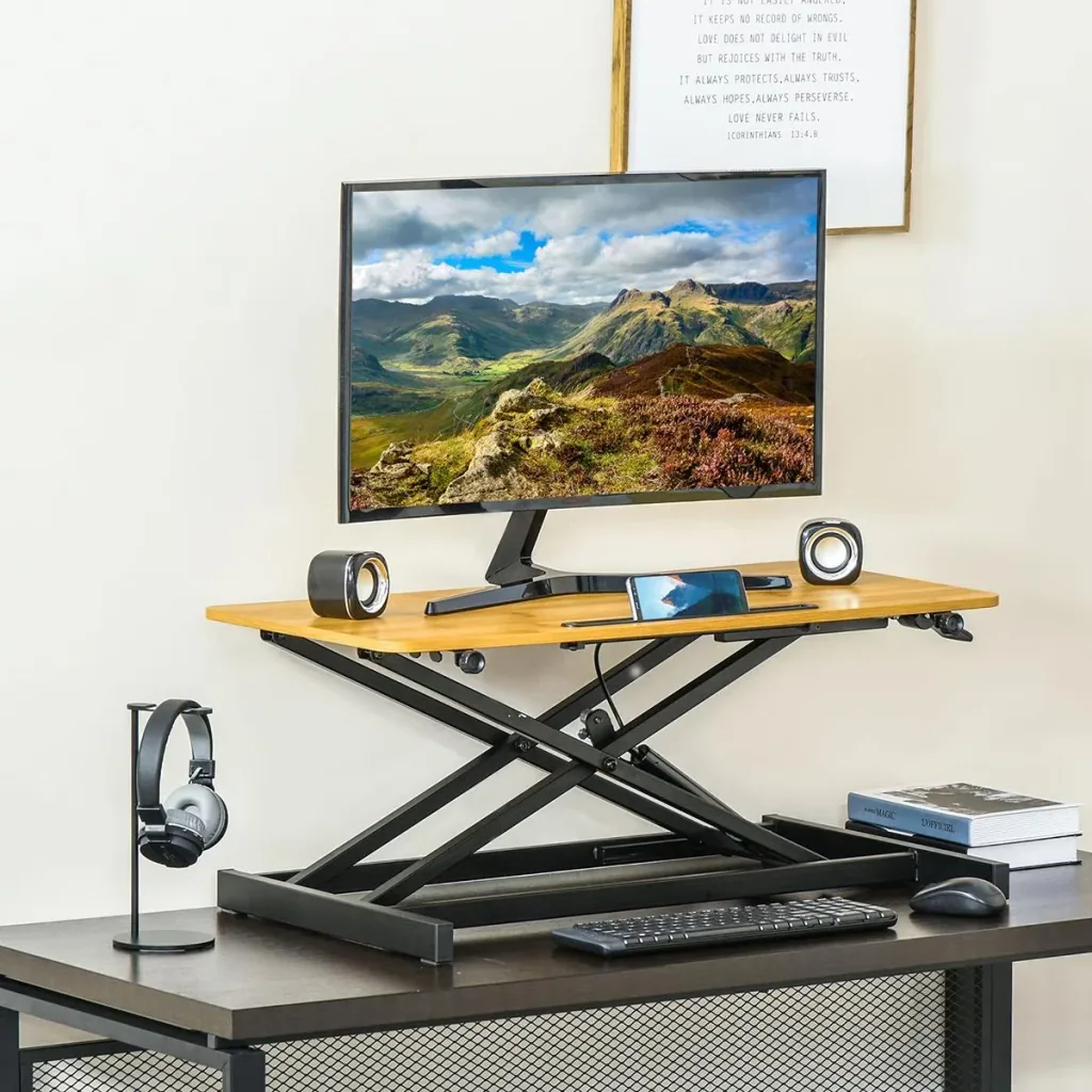 Sitz-Steh-Schreibtisch Steharbeitsplatz Stehpult Monitorständer Höhenverstellbar Stahl MDF Natur 80 x 40 x 13,5-51 cm