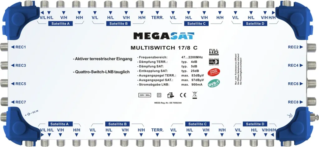 Multischalter 17/8 C - Erweiterbares System. Geeignet für 4 Satelliten bis zu 8 Teilnehmer pro Multischalter