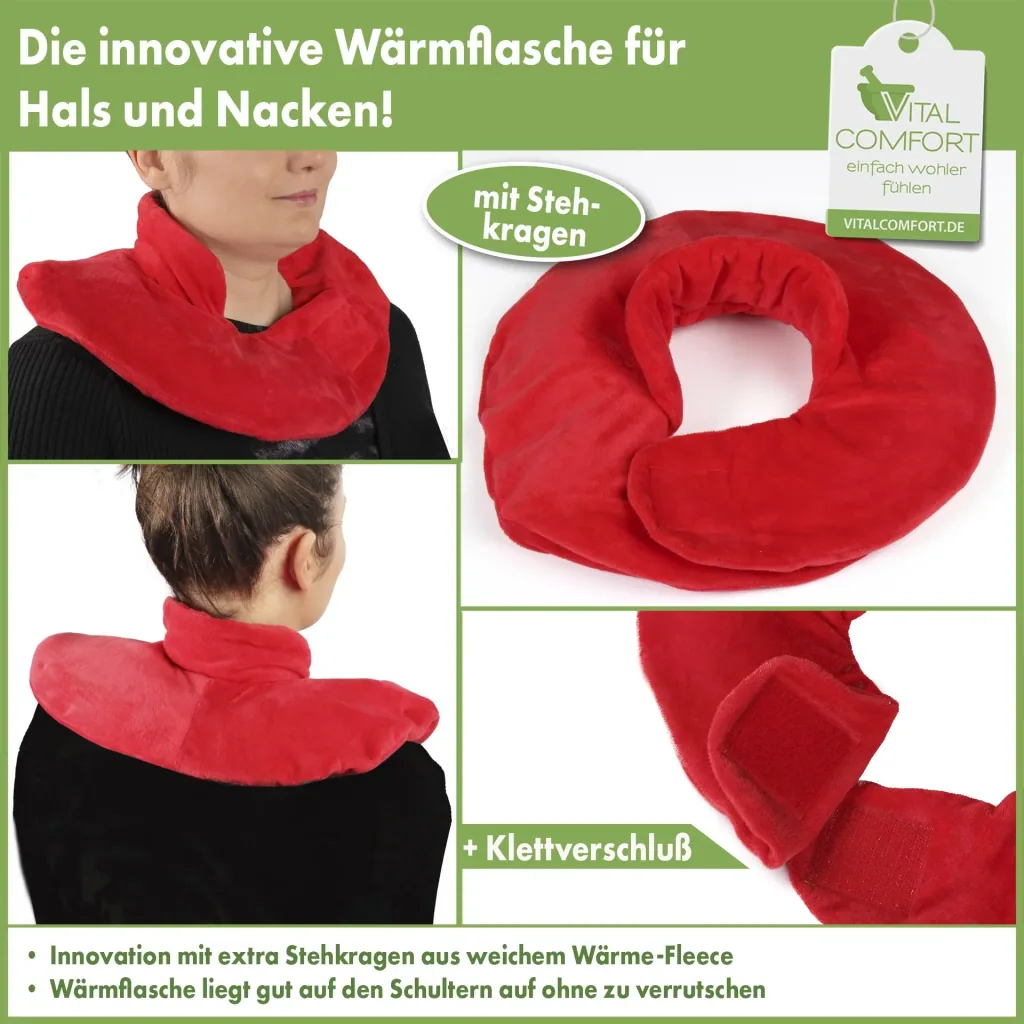 Nacken-Wärmeflasche mit breitem Trichter, Klettverschluss und Nackenfleece, Rot, 1,7 Liter
