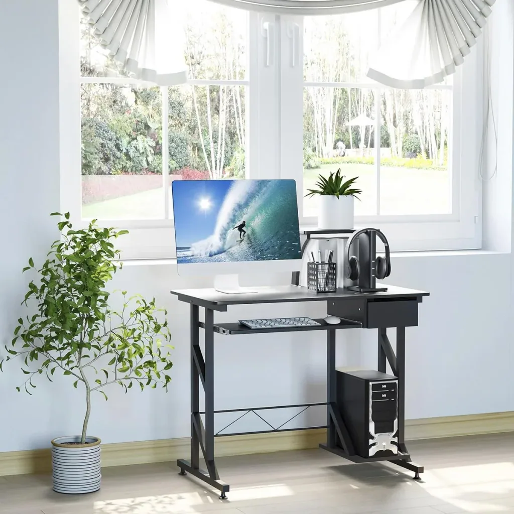 Computertisch Arbeitstisch mit Regalen und Schubladen Schreibtisch Bürotisch Platzsparend stabil Metall MDF Schwarz 90 x