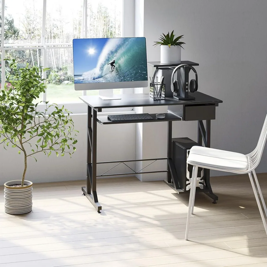 Computertisch Arbeitstisch mit Regalen und Schubladen Schreibtisch Bürotisch Platzsparend stabil Metall MDF Schwarz 90 x