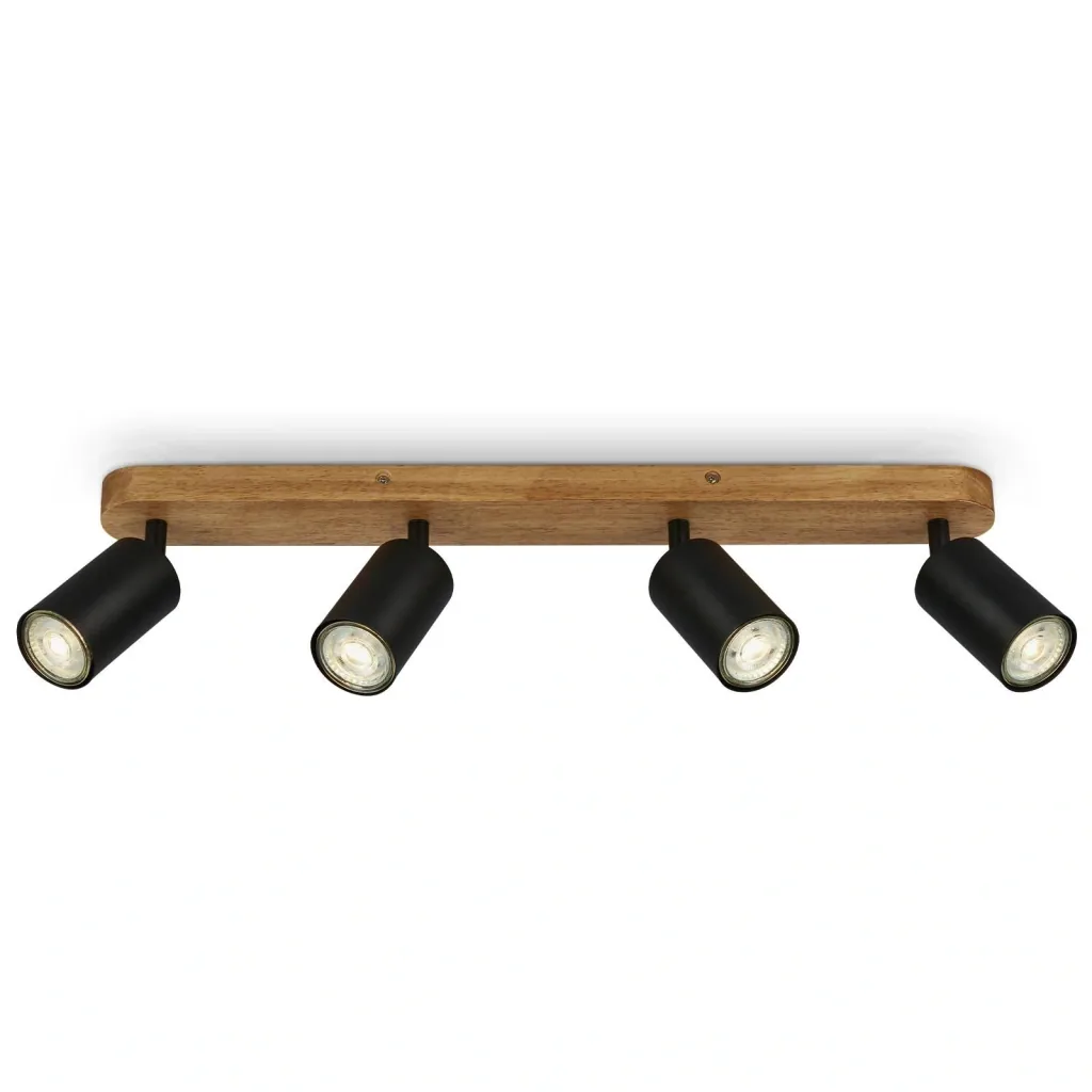 Vintage Spotleuchte 4-flammig, schwarz mit Holzbaldachin, 4 x GU10 Fassung