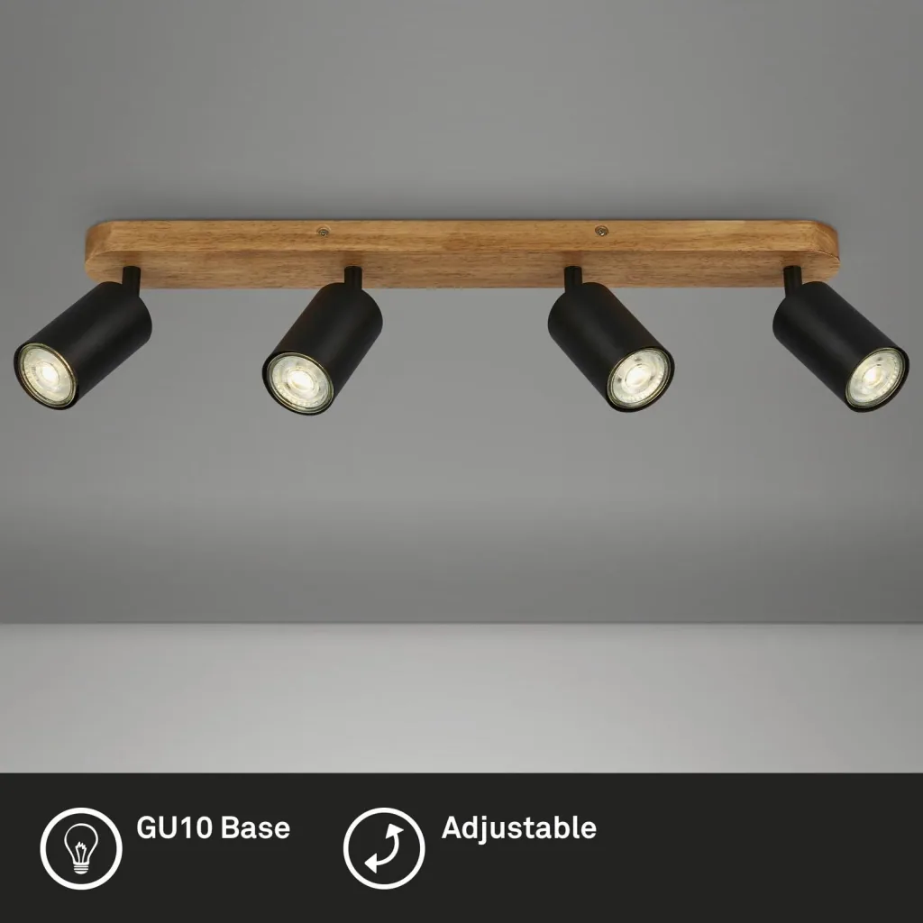 Vintage Spotleuchte 4-flammig, schwarz mit Holzbaldachin, 4 x GU10 Fassung