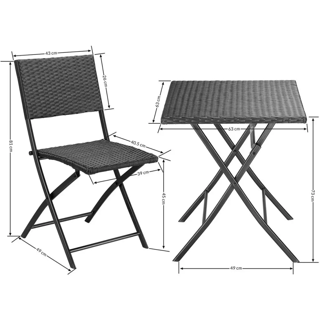 3 Stück Garten-Set - Tisch, Klappstühle - Polyrotan - Schwarz