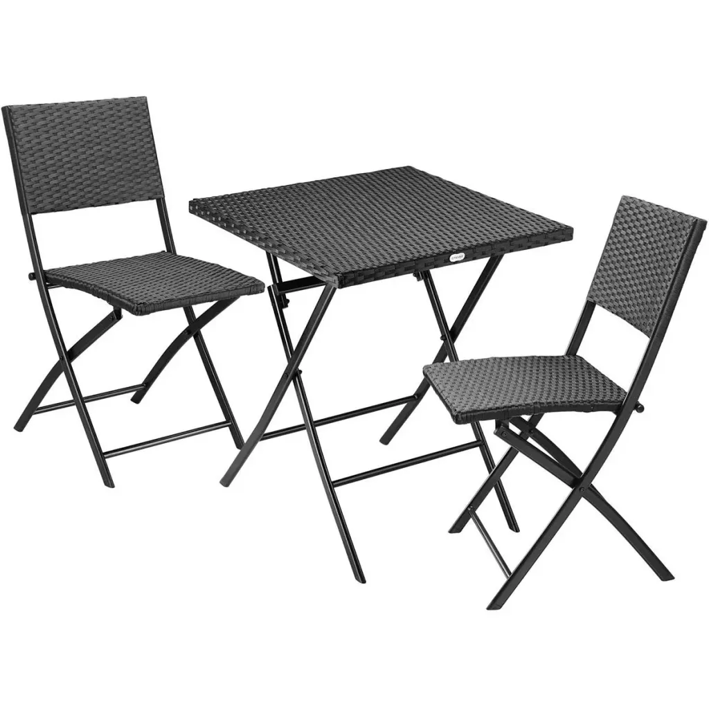 3 Stück Garten-Set - Tisch, Klappstühle - Polyrotan - Schwarz